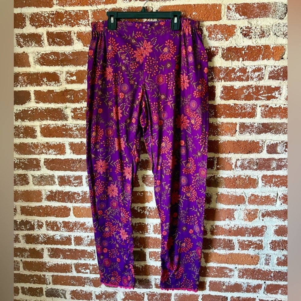 Y2K purple floral pants with lace detail at bottom